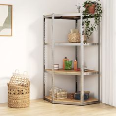 a shelf with some plants and other items on it in a room next to a window