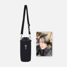 a black bag with a lanyard hanging from it's side next to an image of a young man