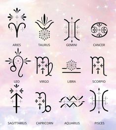 the zodiac signs and their meanings are shown in black ink on a pink background with stars