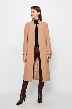 Compact Stretch Notch Neck Belted Coat | Karen Millen Luxury Brown Wool Coat For Fall, Beige Wool Coat For Tailoring, Modern Wool Coat For Winter, Elegant Wool Coat For Business In Winter, Elegant Brown Sweater Coat For Spring, Elegant Brown Sweater Coat For Fall, Elegant Brown Wool Coat With Long Sleeves, Elegant Winter Business Wool Coat, Beige Wool Coat For Winter Tailoring