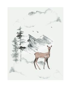 a deer standing on top of a snow covered slope next to trees and birds in the sky