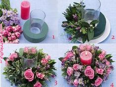 four different pictures of flowers and candles on a table