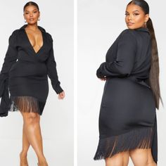 Low Cut Black Dress Flirty Long Sleeve Midi Dress For Date Night, Flirty Fall Midi Dress For Date Night, Low Cut Black Dress, Draped Bodycon Dress, Fringe Mini Dress, Black Fringe, Plunging Neckline, Black Long Sleeve, Low Cut