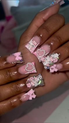 Pink Nails Flower, Hispanic Nails, Nails Flower, Cute Acrylic Nail Designs