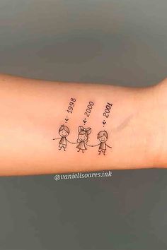 a woman's arm with two small children on it and the words love is written in