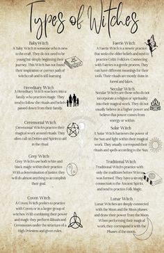 the types of witches and their meanings on parchment paper with black ink, including an image of