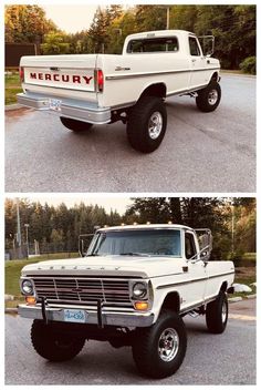 two pictures of an old pickup truck with the word mercury on it's side