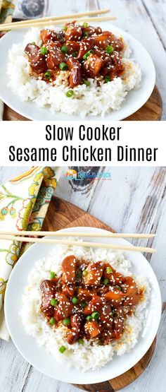 slow cooker sesame chicken dinner on a white plate with chopsticks and rice