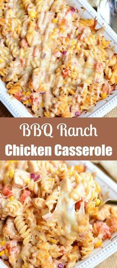 bbq ranch chicken casserole in a white dish