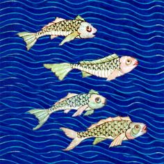 three fish swimming in the water with blue and green waves behind them, one is looking at