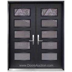 the double doors are black and have glass panels