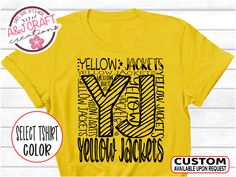 Celebrate school spirit with our Yellow Jackets typography design shirt! Perfect for teachers, students, coaches, and parents, this stylish tee features a bold and dynamic mascot-inspired typography. Show your pride and support for the Yellow Jackets with this must-have shirt that's great for game days, school events, or everyday wear. >>Looking for a CUSTOM mascot name: https://ajcraftcreations.etsy.com/listing/1549920465 Overview:  *   Front Design: Yellow Jackets Typography Design *   Shirts Cheer Football, Mascot Shirt, Family Cruise Shirts, Typography Shirts, Yellow Jackets, Design Shirts, Family Vacation Shirts, Cruise Shirt, Spirit Shirts