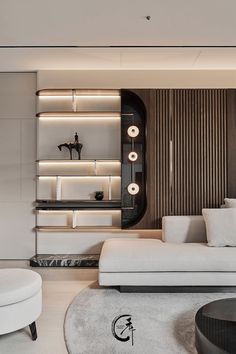 a modern living room with white furniture and lighting