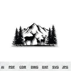 the silhouette of two deer in front of a mountain with pine trees and evergreens