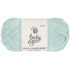 the yarn ball is light blue and has a white label on it that says, baby bee soft & sleek baby