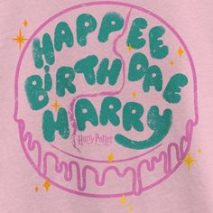 a pink shirt with the words happy birthday harry written in green and purple on it