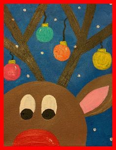 a painting of a reindeer's head with christmas ornaments hanging from the tree branches