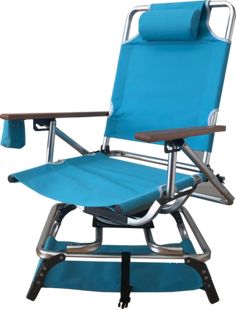 a blue reclining chair sitting on top of a metal frame with an arm rest