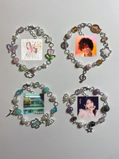 three pictures are attached to a chain with charms