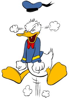 a cartoon duck wearing a blue shirt and yellow pants with his mouth open, sitting on the ground