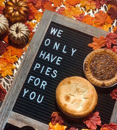 we only have pies for you sign with autumn leaves and pumpkins in the background