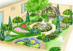 this is an artist's rendering of a garden with flowers and trees in it