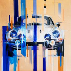 an abstract painting of a car in blue, orange and white stripes with the hood up