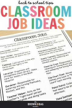 the back to school tips for classroom job ideas on top of a desk with text overlay