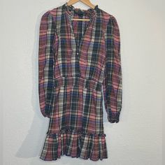 Veronica Beard Jeans Destiny Dress Plaid V-Neck With Smocking At Waist Ruffle Sleeve, Neckline And Hem Details Great Used Condition. No Flaws Luxury Feminine Office Size 4 Chest 20” Waist 14” Length 35” Sleeve 25” Feminine Office, Veronica Beard, Plaid Dress, Destiny, Smocking, Midi Dress, Size 4, Plaid, V Neck