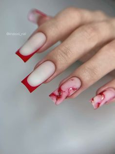 Мраморный маникюр Френч. Квадрат Hard Nails, Ombre Nails Glitter, Blush Nails, Red Nail Designs, Pretty Gel Nails, Manicure Y Pedicure, Square Nails, Cute Acrylic Nails