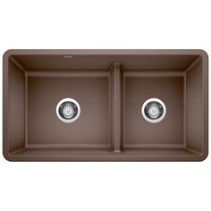 a brown double bowl sink with two faucets on the side and one drainer