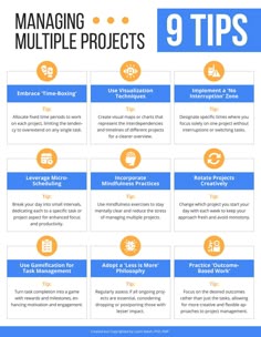 the 9 tips for managing multiple projects in your organization infographical poster is shown below