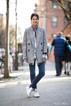 Leandra Medine | Stella McCartney blazer, Dries Van Noten blouse, Maje pants, Golden Goose sneakers | Nolita, New York | April 7, 2013. Chic Winter Style, Leandra Medine, Packing Clothes, Goose Sneakers, Daily Fashion Inspiration, Fall Wear, April 7, Casual Stylish, Dress For Success