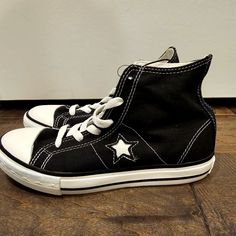 Nwot Black One Star Canvas High Top Sneakers With A White Star On Inside And Outside Of Each Shoe, White Stitching And White Laces. Converse One Star Tag On Shoe Tongue And One Star Logo On Shoe Back. White Rubber Outsole. Converse Round Toe Canvas Shoes For School, Converse High-top Sneakers For School, Converse Lace-up Sneakers For School, Black High-top Canvas Shoes For School, Black Lace-up High-top Sneakers For School, Canvas High Top Sneakers, New Converse, Converse One Star, Kids Converse