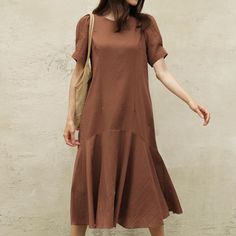 Women's Solid Cotton Linen Dress Crew Neck Short Sleeve Summer Midi Dress Brown A-line Midi Dress For Vacation, Solid Color Midi Beach Dress For Fall, Solid Shift Dress For The Beach, Solid Color Beach Dress For Fall, Beach Shift Midi Dress In Solid Color, Solid Color Shift Midi Dress For Vacation, Knee-length Sundress In Solid Color, Beach Shift Midi Dress, Fall Beach Midi Dress In Solid Color