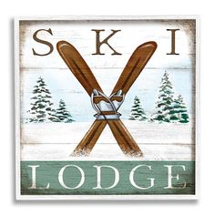 a ski lodge sign with two skis in the middle and trees on the other side