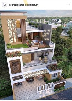 an aerial view of a two story house with balconies on the second floor