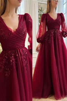 prom dress#evening dress,prom dress with sleeves#burgundy evening dress,evening gown#prom dress with sequined#evening dress with appliqued#tulle evening dress Prom Dress With Long Sleeves, Gown Aesthetic, Burgundy Homecoming Dresses, Fashion Jobs, Prom Dresses With Pockets, Simple Prom Dress, V Neck Prom Dresses, Fancy Dresses Long, Prom Dresses Two Piece