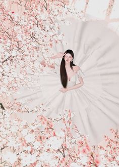 a woman with long black hair standing in front of pink and white blossomed trees