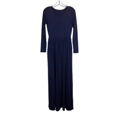 Elevate Your Vintage Fashion Game With This Casual Maxi Dress In Navy Blue. Crafted With A Round Neckline, Long Sleeves, And A Gathered Waist, This Dress Combines Comfort And Style Seamlessly. Classic Elegance: The Round Neckline And Long Sleeves Add A Touch Of Sophistication To This Vintage Piece, Making It Suitable For Various Occasions. Gathered Waist: The Dress Features Gathered Waist Pleating, Creating A Flattering Silhouette That Emphasizes Your Curves. Stretchy Comfort: Designed For A Comfortable Fit, The Stretchy Fabric Allows Ease Of Movement While Maintaining Its Shape. Functional Pockets: The Inclusion Of Pockets Adds A Practical Touch, Perfect For Carrying Your Essentials. T Blue V-neck Long Sleeve Dress, Fitted Blue Long Sleeve V-neck Dress, Blue Fitted Long Sleeve V-neck Dress, Long Sleeve Maxi Dress For Daywear, Fitted Blue Long Sleeve Maxi Dress, Elegant Long Sleeve Maxi Dress In Blue, Fitted Blue Maxi Dress With Long Sleeves, Elegant Blue Maxi Length Long Sleeve Dress, Elegant Blue Maxi Long Sleeve Dress