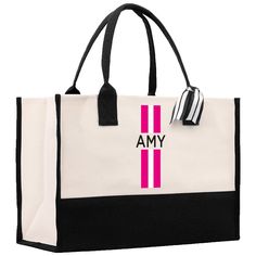 a black and white tote bag with pink stripes on the front, featuring an amy logo