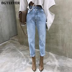 High Waist Straight Jeans, Harem Jeans, Look Jean, Slouchy Jeans, Jeans Pant, Moda Jeans, Jeans Mom, Jeans Casual, Jeans Button