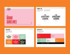 the brand guidelines are displayed in four different colors, including pink, orange and green