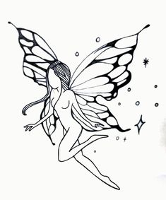 a black and white drawing of a fairy with stars on it's wings flying through the air