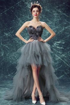 Gray Prom Dresses, Prom Dresses With Lace, Feather Prom Dress, Silver Prom Dress, High Low Prom Dress, Dresses With Lace, Grey Prom Dress, Formal Ball Gown, High Low Prom Dresses