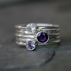 Stacking Ring Set of Five - Purple Amethyst, Lavender Amethyst, Clear White Topaz - Sterling Silver Amethyst Ring With Gemstone Accents For Anniversary, White Amethyst Ring For Anniversary, Round Amethyst Gemstones With Accents, Sterling Silver Amethyst Ring With Gemstone Accents For Anniversary, Anniversary Amethyst Ring With Gemstone Accents In Sterling Silver, Anniversary Sterling Silver Amethyst Ring With Gemstone Accents, White Amethyst Gemstone Ring For Anniversary, Multi-stone Amethyst Ring In White Gold, White Amethyst Promise Ring