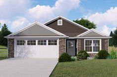 this is a computer rendering of a single story house with garage in the front yard