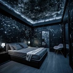 a large bed sitting in a bedroom under a sky filled with stars on the ceiling