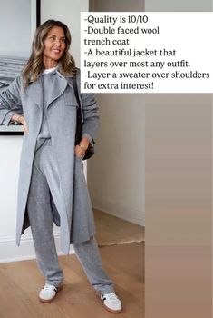 -Love the quality and fit of Quince. This trench coat has a soft touch with a structured fit. A favorite now! Sz S, I like a roomy fit. TTS Beautiful gifts for her. -Gray cashmere pants sz XS, Hoodie
​
​#winteroutfits #holidayoutfit #chicstyle #outfitinspo #capsulecloset #winterchic #cashmere Gray Cashmere, Cashmere Pants, Beautiful Gifts