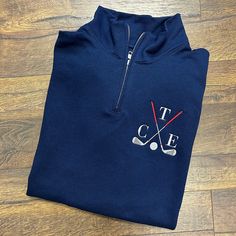 Just the sweatshirt you need for a cold morning out on the links! Very soft and comfortable sweatshirt and makes a great gift for any golf enthusiast. Comes with initials and golf club design embroidered on the left chest.  Unisex Sized  Fleece-lined collar 1x1 ribbed cuffs and waistband with spandex 50% cotton, 50% polyester Because of the unisex sizing men may want to order a size larger than they normally wear and woman may want to size down unless they like a looser fit. Be sure to check the Golf Club Design, Personalized Golf Gifts, Golf Sweatshirt, Embroidered Initials, Senior Gifts, Cold Morning, Golf Gift, Personalized Golf, Quarter Zip Sweatshirt